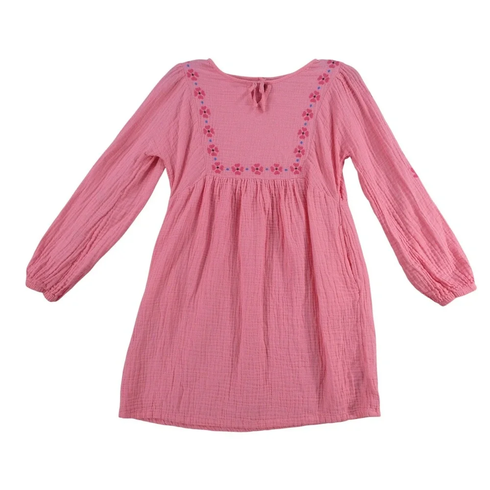 Old Navy Girls Pink Crinkle Gauze Embroidered Floral Long Sleeve Dress XL 14-16